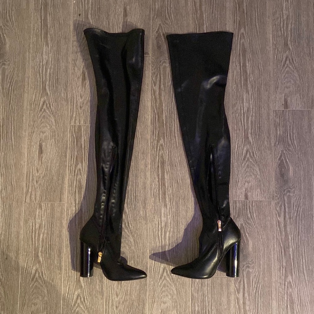 NASTY GAL BLACK leather thigh high boots heel